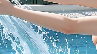 Thai Nude Woman Splashing Playfully in Downpour at Pool Edge