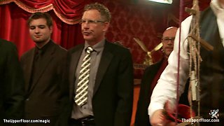 Big tits slave bound and vibed at party