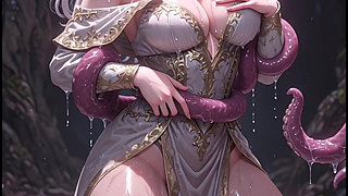 White-haired elven priestess with worm monster, anime hentai