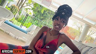 Shy 18YO Ebony Amateur Fakes Demureness on the Couch Before Unleashing Her Curves for a
