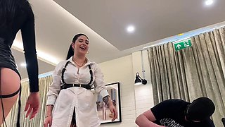 Femdom fetish babes punish dude with toy