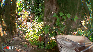Cute young brunette fucked deep in the ass in the garden