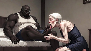 90 Year Old Granny Slave Licking Giant Black Man Feet - Wet Pussy Pleasure