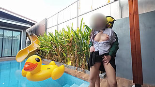 NiNewThai a stacked curry Pool Villa XXX Getting a student's stabbed in the middle of the handle screaming