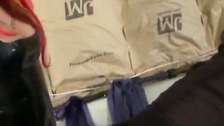 Stockinged slut gets spanked by lezdom before machine fucks her ass