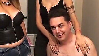 Two Hot Babes Dominate Naked Guy Kneeling in Submission