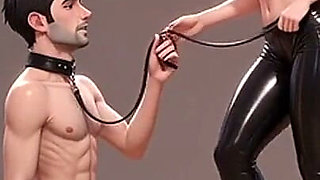 Tall Latex Blonde Leads Her Collared Man by the Leash - Foot in His Mouth