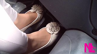 Soft Revving and Gentle Pedal Pumping in Beige Flats on Hosed Feet
