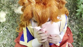 Hot girl in Mereoleona Vermillion from Black Clover cosplay massages her pussy and sucks my cock, slurping it with intense lust