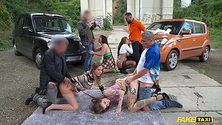 Faux cab - hard cruel outdoor sex gang bang with Eden Ivy, Rebecca Volpetti, chick gang and Jennifer Mendez