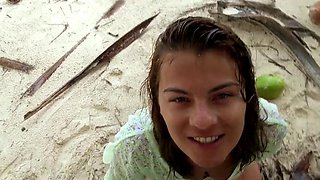 Young couple likes to film all nasty things during their vacation on the beautiful beach