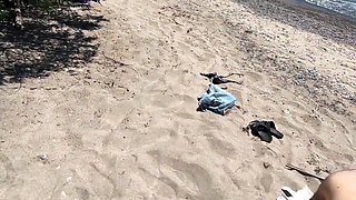 Wife fucks husband and his friend on public beach and gets
