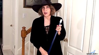 Hairy grandma masturbating with a broom