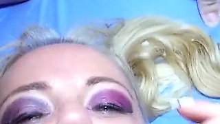 Blonde slut gets fucked hard at gangbang bukkake party