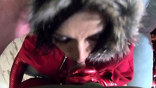 Santa's Horny Slut MILF Blowjob, Doggystyle & Cum on Gloves & Red Coat