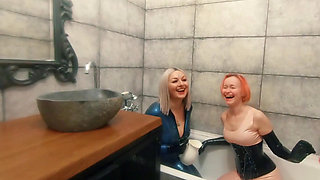 Bath Relax in Latex Rubber with Milk, Romantic Funny Fetish Video