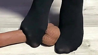 Sexy Dominatrix in Nylon Pantyhose Is Trampling Your Cock