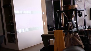 Fit Brunette Strips and Plays with Dildo During Nude Workout