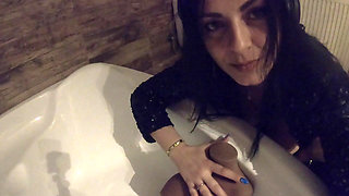 Bathroom Pee Fetish in Shiny Outfit. Pvc Dress Toilet Tease and Dirty Talk