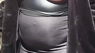 Julie Walking Through a Car Park Wearing Fur Coat, See Her Bound Tits Sticking Out