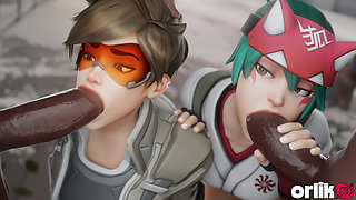 Tracer & Kiriko - Big Black Cock Sloppy Blowjob & Cowgirl 3D Animation