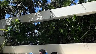 Big tittied Latina MILF housewife sunbathing by the pool