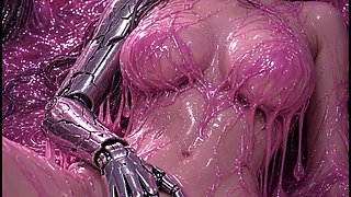 3d anime elf masturbates in pink slime, half cyborg arm