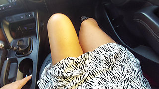 My wife shows off her beautiful legs in the car in the morning on the way to the office