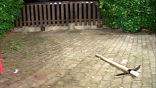 Blonde milf hairy pussy masturbating big dick sucking in the garden...cum in mouth