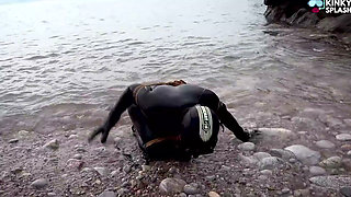 Begging to Be Tied up in 8mm Beuchat - Wetsuit Girl Struggles at the Shoreline