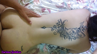 Curious Goddess - fucking the brunette with small breasts, big ass, hairy pussy, long socks, and Converse sneakers