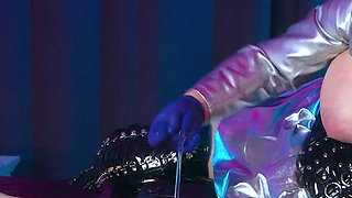 Horny Gloved Babe in Shiny Leather Jerks His Big Cock & Fingers Deep Into His Pisshole Till He Explodes Cum All Over Her Boots