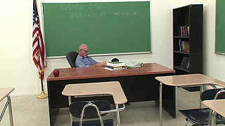 Brunette Student Fucked Hard by Teacher on the Classroom Desk