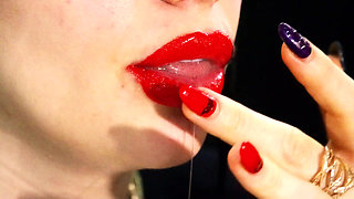 Red lips and a games with liquids and saliva! Milk and coffee! 4K -NO AUDIO-