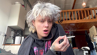 Cute Goth Smoking a Cig in a Hoodie No Makeup