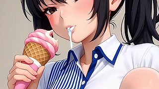 Hentai 2026!  Student licks ice cream in a park, her dripping all over the place