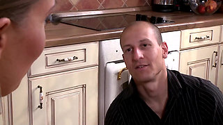 Dominant Mistress Commands Bald Slave Foot Worship