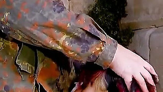Skinny punk teen Zoe with red hair fucked hard by soldiers