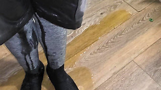 Massive flood in gray and shorts saturates wool socks