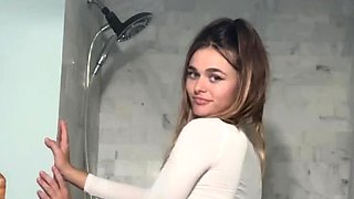 Hot babe with perfect big boobs taking shower