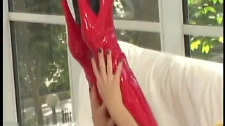 Scorching bitches in latex and fishnets strip for hot lesbian sex