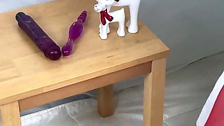 Mature Granny Teases Santa with Big Natural Tits and Stocking Feet