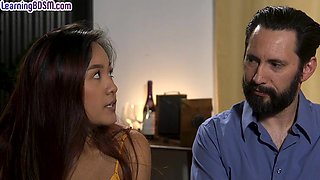 Asian beauty fucked in BDSM session by big white cock