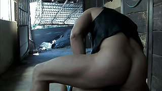 This Busty Woman in the Barn Drinks Cum and Gets Her Hairy Pussy Pounded.