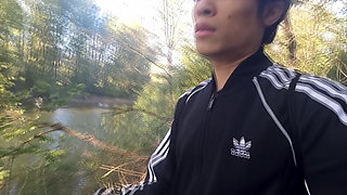 Who will spot this twink in a black and white adidas tracksuit, flashing his cock in public going commando freeballing, peeing i