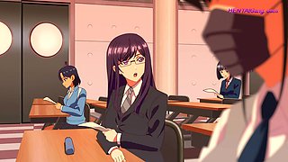 Nerdy glasses anime chick arched over classroom desk & pummeled deep by rigorous educator