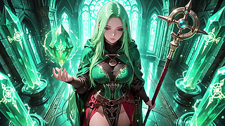 Under the Ethereal Blue Glow of a Gothic Cathedral, She Kneels with Her Staff, Eyes Locked on You.