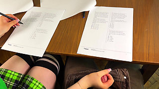 HIGH SCHOOLGIRL at EXAM Jerking him Off under the Table for Right Answers