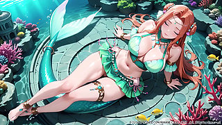 Red-haired Mermaid Princess's Private Tour in the Underwater Palace, Green Bikini hugging her curves, Heeled Boots on soft sand,