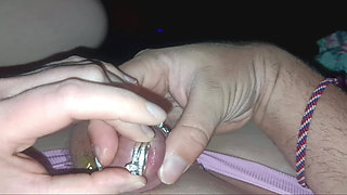 Hubby locked in a spike ring and sounded with my wedding ring.